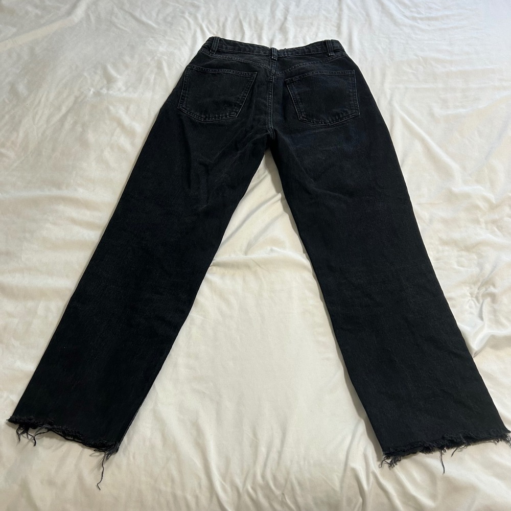Zara High Waisted Straight Leg Jeans Washed Black Raw Hem Button Fly Size 4 - Picture 7 of 8